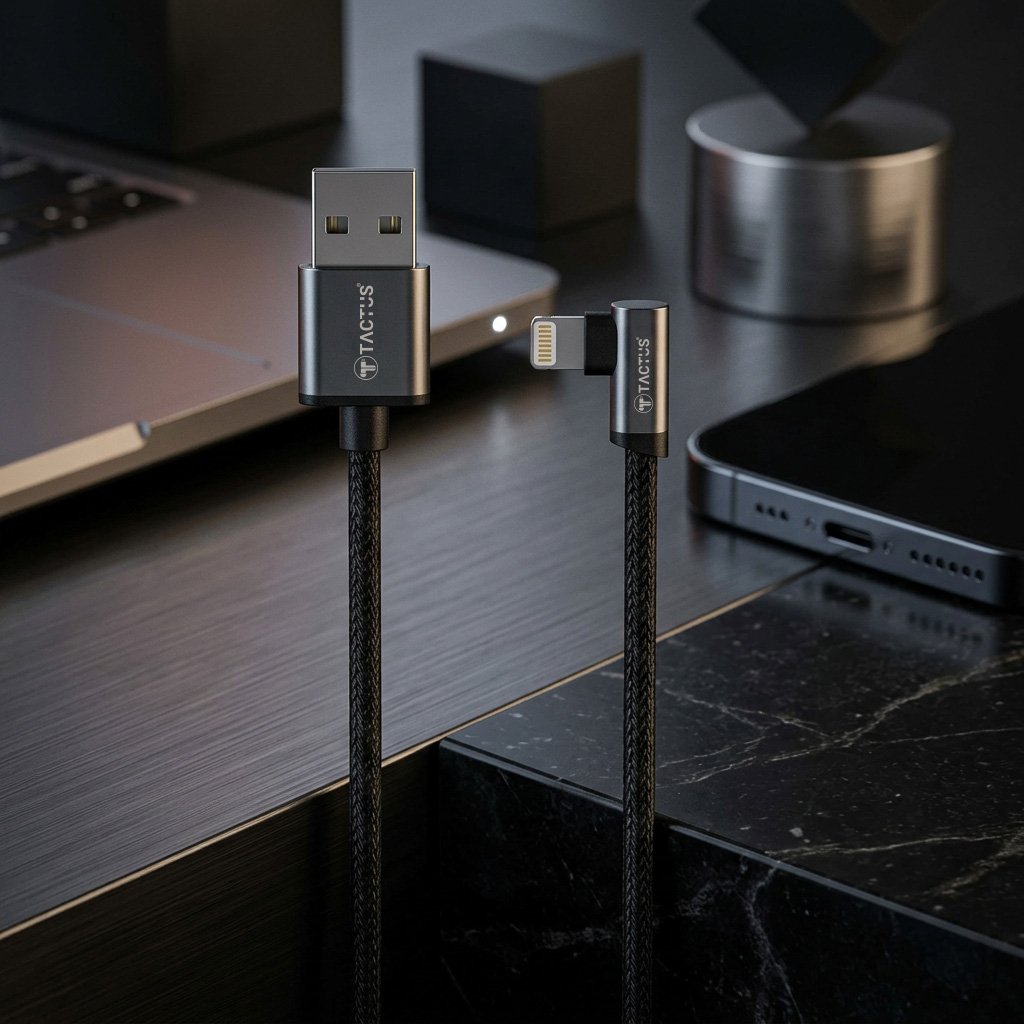 Tactus - Fabric Jacket USB Data, Charging Cable For iPhone (90 Degree, Black)