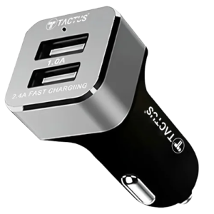TACTUS - Car Charger 3.4 A with 2.4A Micro Data Cable, 2 USB Ports (Metal, Silver)