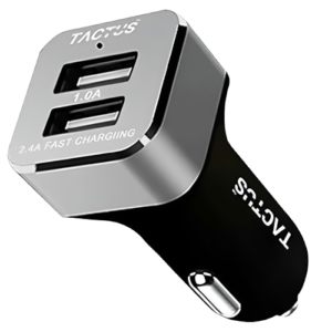 TACTUS - Car Charger 3.4 A with 2.4A Micro Data Cable, 2 USB Ports (Metal, Silver)