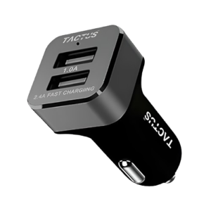 TACTUS - Car Charger 3.4 A with 2.4A Micro Data Cable, 2 USB Ports (Metal, Grey)